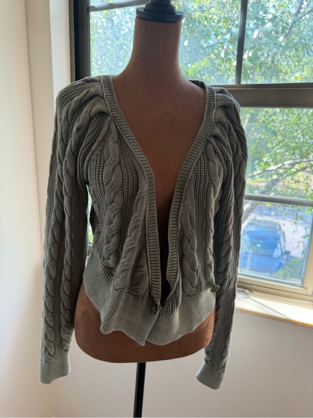 aerie Gray Cable Knit Open-Front Cardigan
